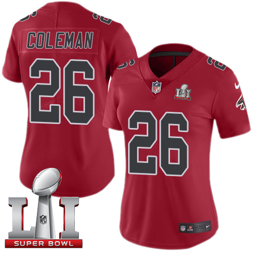 Nike Falcons #26 Tevin Coleman Red Super Bowl LI 51 Women's Stitched NFL Limited Rush Jersey